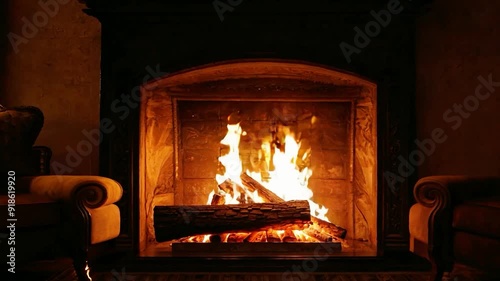 Cozy evening by the fireplace in a warmly lit living room