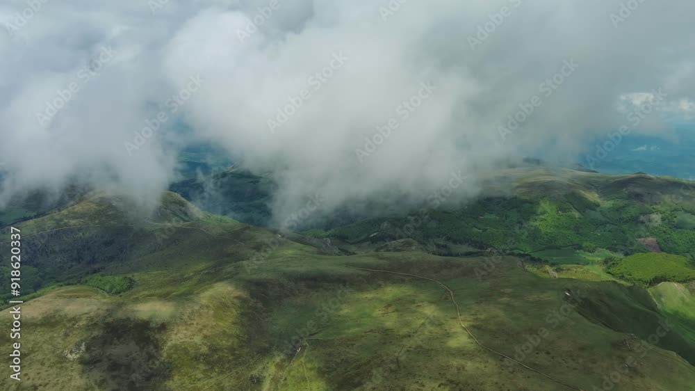 Aerial view of clouds over summer green mountains landscape, Montenegro, 4k