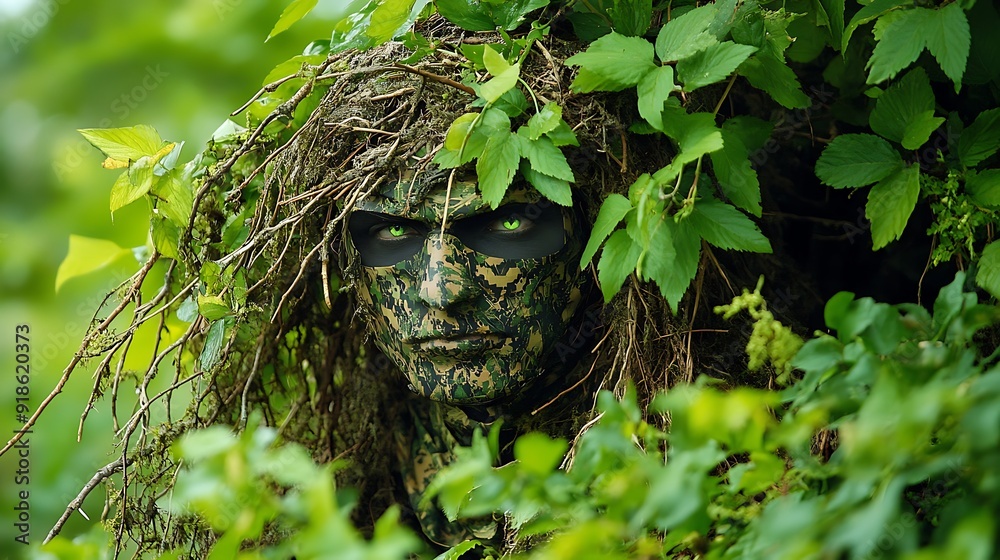 Experienced Hunter in Camouflage Gear Scanning the Forest for Game During a Quiet Morning Hunt Experienced Hunter in Camouflage Gear Scanning the Forest for Game During a Quiet Morning Hunt