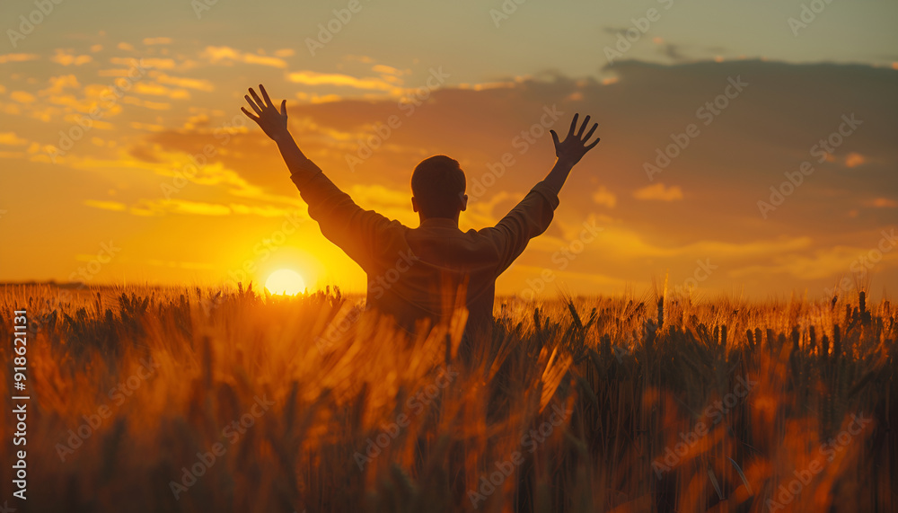 Silhouette of Man with hands up standing in wheat field. Beautiful Nature Sunset Landscape. Rural Scenery under Shining Sunlight. Background of ripening ears of wheat field. Rich harvest Concept Silhouette of Man with hands up standing in wheat field. Beautiful Nature Sunset Landscape. Rural Scenery under Shining Sunlight. Background of ripening ears of wheat field. Rich harvest Concept