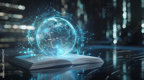 Global Connectivity Glowing Holographic Atlas on Reflective Surface with Futuristic Background