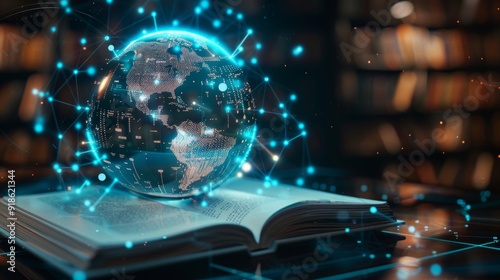 Global Knowledge Nexus Futuristic Holographic Globe Projection on Digital Book