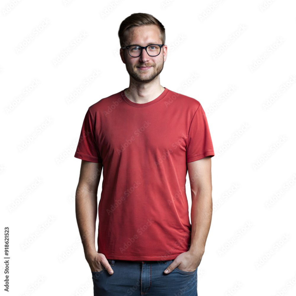 Casual young Caucasian man in a red tshirt, smiling and standing relaxed Casual young Caucasian man in a red tshirt, smiling and standing relaxed