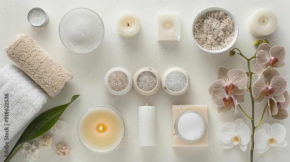 A flat lay of spa and beauty products on a white background. There are candles, bath salts, towels, and orchids. A flat lay of spa and beauty products on a white background. There are candles, bath salts, towels, and orchids.