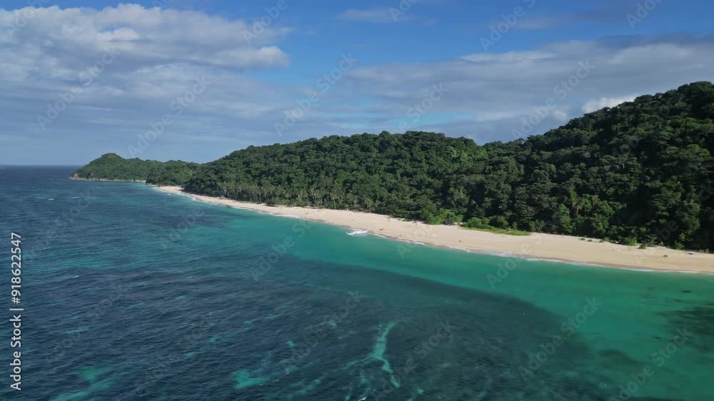 Aerial view of a beautiful quiet tropical sandy beach, Puka Shell Beach, Boracay island, Philippines, 4k Aerial view of a beautiful quiet tropical sandy beach, Puka Shell Beach, Boracay island, Philippines, 4k