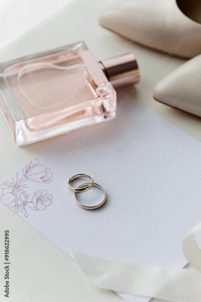 Bride's wedding essentials: heels, bouquet, rings, perfume, and invitation on a white table Bride's wedding essentials: heels, bouquet, rings, perfume, and invitation on a white table