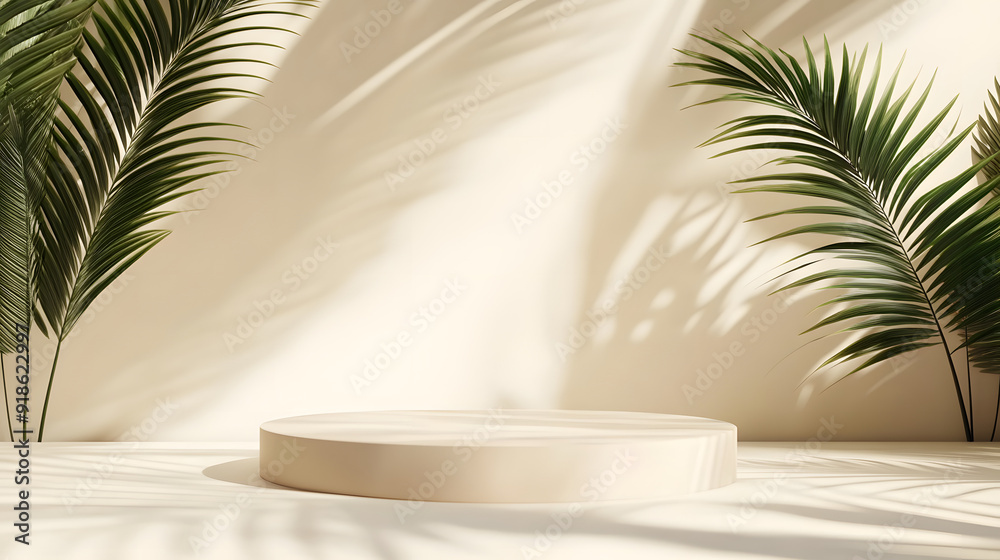 Beige pastel background for product presentation with shadow tropical palm leaves and light Podium stage pedestal platform for cosmetic product Empty square podium Mockup : Generative AI Beige pastel background for product presentation with shadow tropical palm leaves and light Podium stage pedestal platform for cosmetic product Empty square podium Mockup : Generative AI