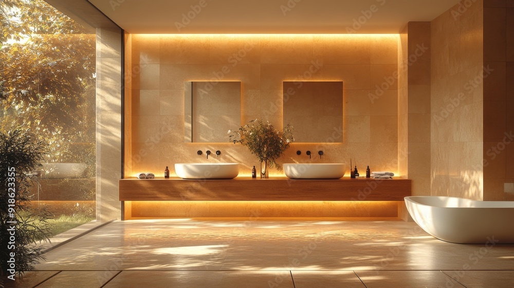 Fototapeta premium Modern luxury bathroom with natural lighting and greenery - generative ai