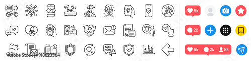 Music app, Milestone and Location app line icons pack. Social media icons. Checkbox, Euler diagram, Approve web icon. Recycle, User notification, Left arrow pictogram. Vector