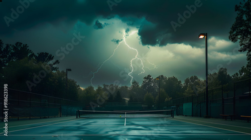 A tennis court is shown in the rain with a lightning bolt in the sky