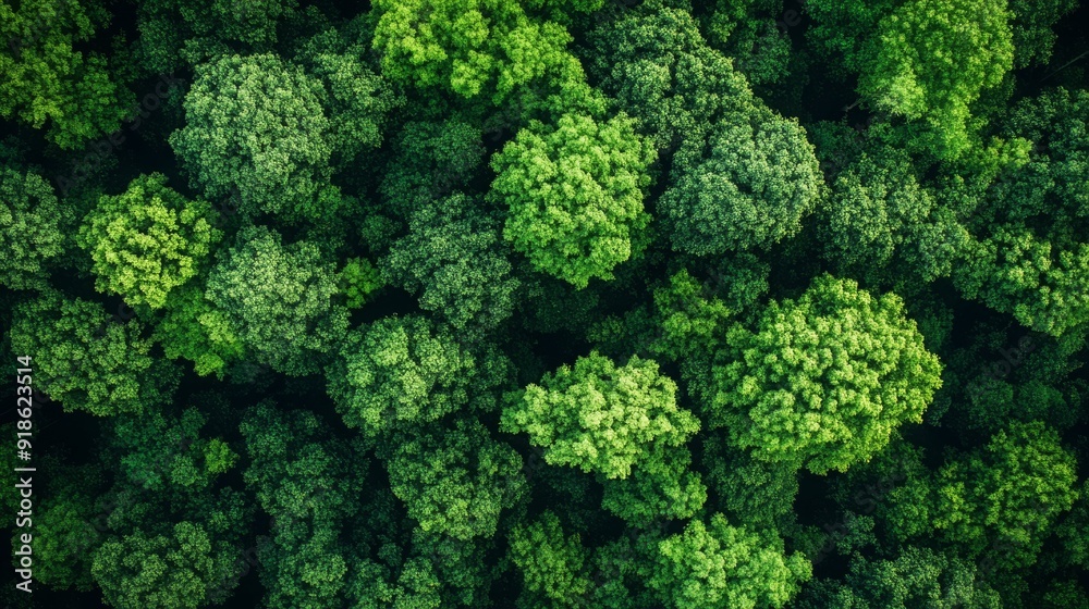 Naklejka premium An aerial view of a dense forest, showing a lush canopy of green leaves.