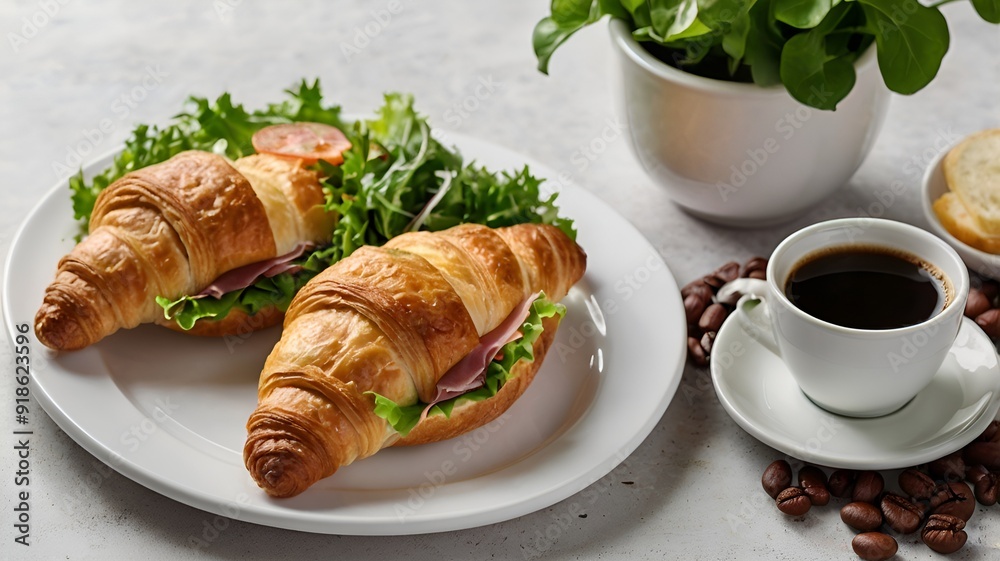 Fresh croissant sandwich with ham cheese and salad leaf Fresh croissant sandwich with ham cheese and salad leaf