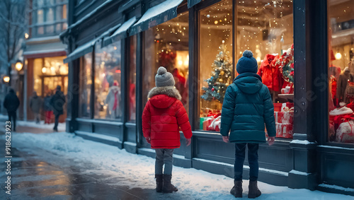 Winter, child near a shop window
