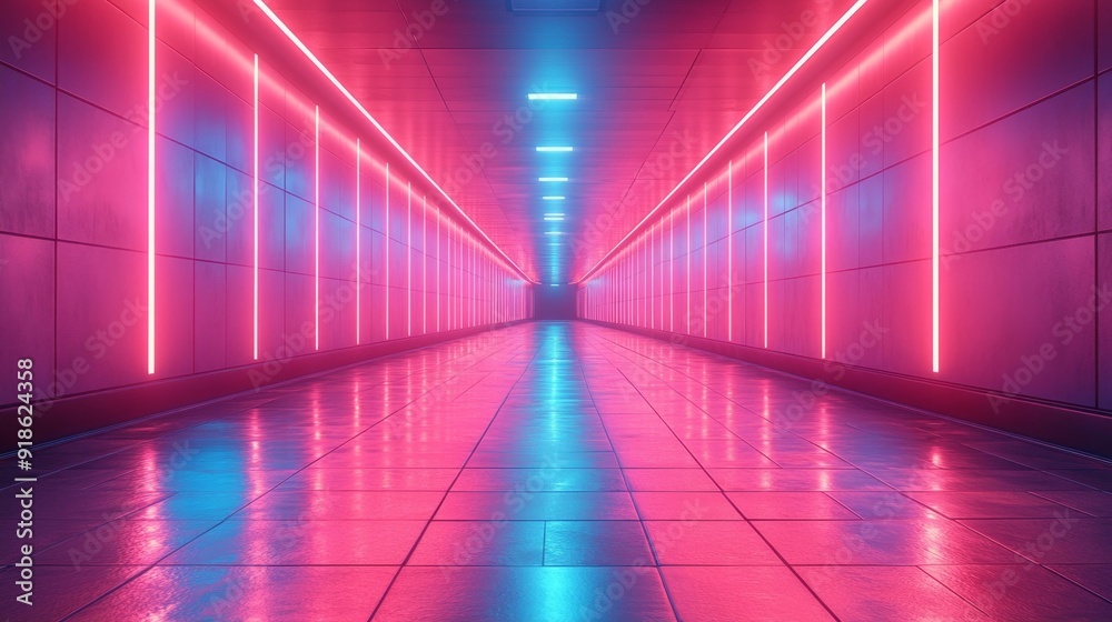 Naklejka premium Neon lit corridor - generative ai
