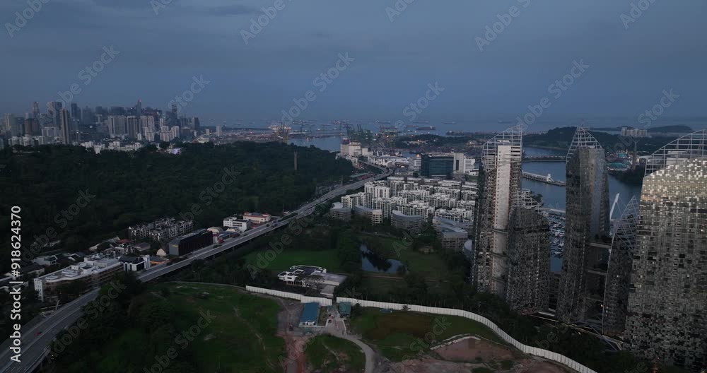 Singapore Keppel bay, cruise bay and city view. Sentosa island. Aerial video at night and dusk. Singapore Keppel bay, cruise bay and city view. Sentosa island. Aerial video at night and dusk.