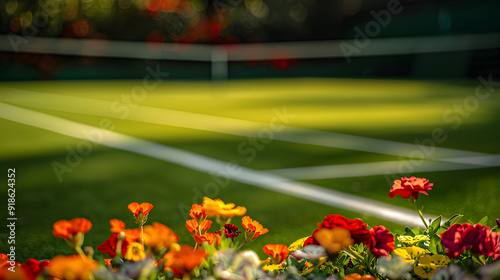 A row of flowers on a tennis court