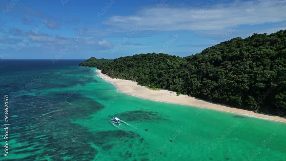 Aerial view of boat near beautiful quiet tropical sandy beach, Puka Shell Beach, Boracay island, Philippines, 4k