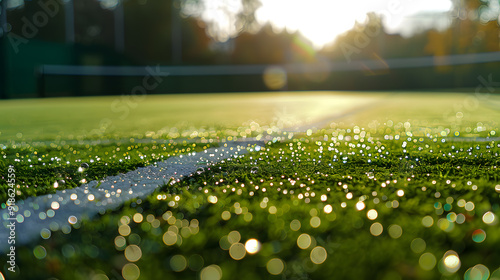 A tennis court with a wet surface and a tennis ball on the ground
