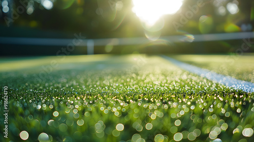A tennis court with a wet surface and a tennis ball on the ground
