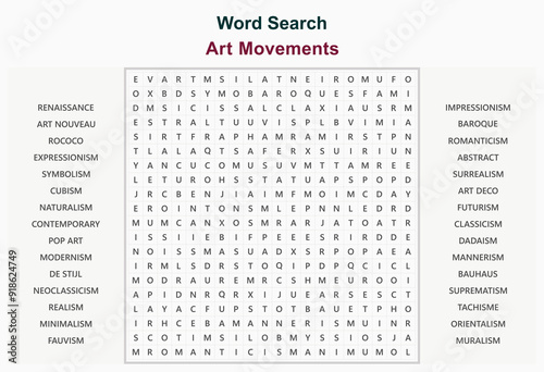 Word search puzzle vector (Word find game) illustration. Art Movements photo