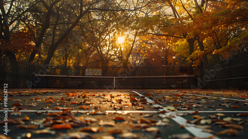 A tennis court in autumn