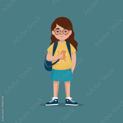 a drawing of a student girl and a backpack