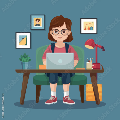 a drawing of a student girl and a backpack
