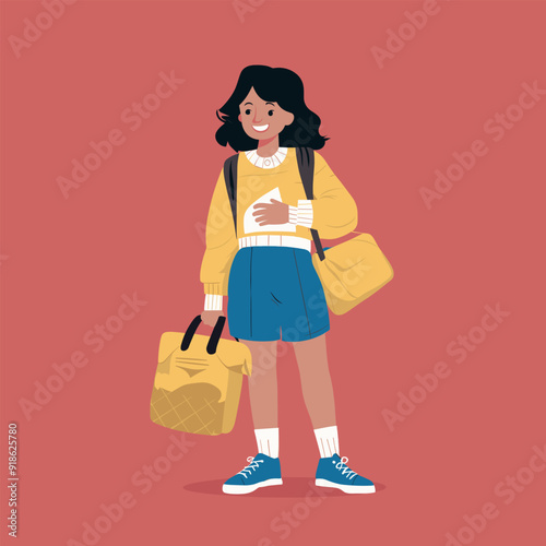 a drawing of a student girl and a backpack