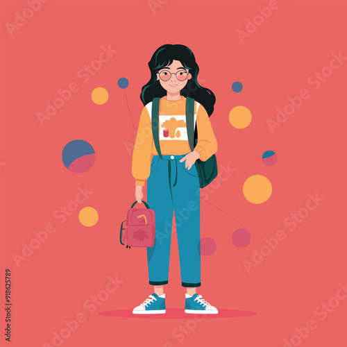 a drawing of a student girl and a backpack