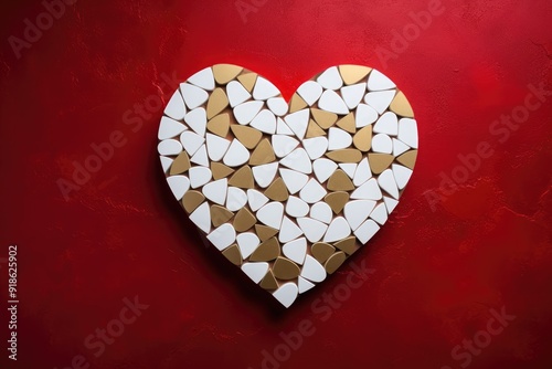 White and gold heart on red background. Postcard. Banner. MOC AP. Space for text. Valentine's Day.