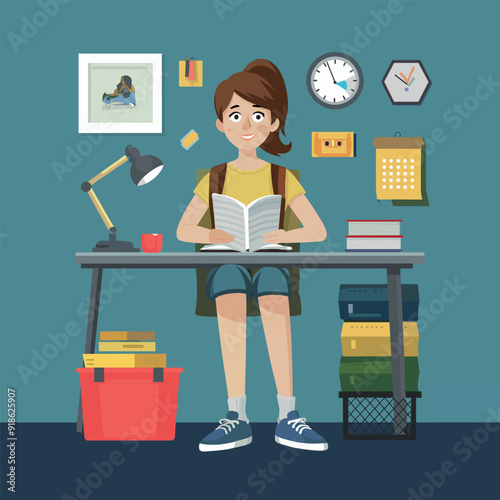 a drawing of a student girl and a backpack
