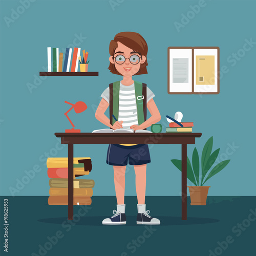 a drawing of a student girl and a backpack