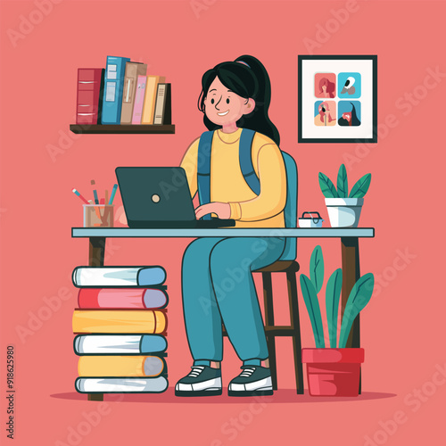 a drawing of a student girl and a backpack
