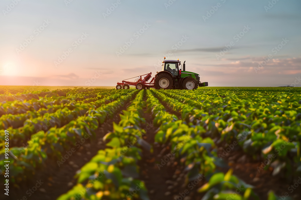 A tractor operates in a soybean field under the warm glow of a spring sunset, representing smart farming and sustainable agriculture A tractor operates in a soybean field under the warm glow of a spring sunset, representing smart farming and sustainable agriculture
