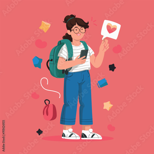 a drawing of a student girl and a backpack