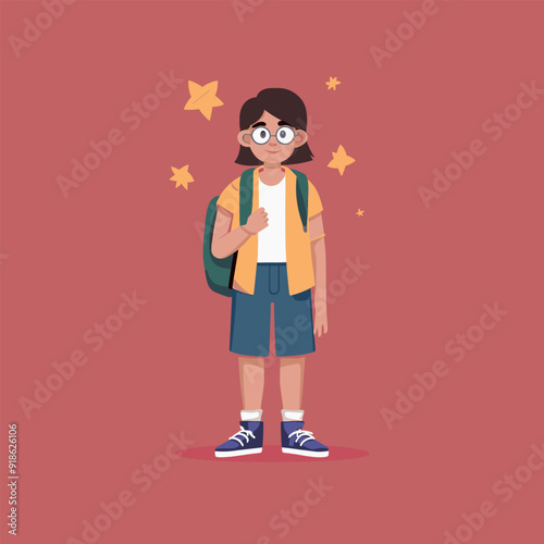 a drawing of a student girl and a backpack