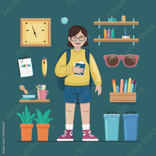 a drawing of a student girl and a backpack