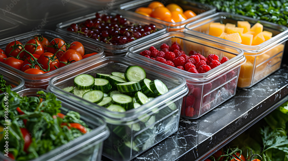 A variety of fresh vegetables, fruits, and greens neatly arranged in clear plastic containers, a well-organized kitchen or market setting Copy space available on the countertop. A variety of fresh vegetables, fruits, and greens neatly arranged in clear plastic containers, a well-organized kitchen or market setting Copy space available on the countertop.