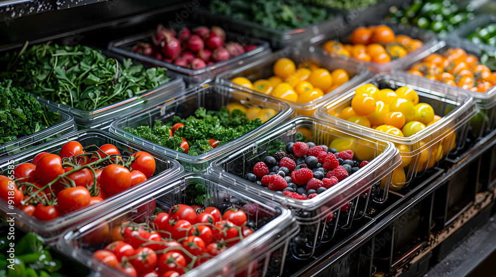 custom made wallpaper toronto digitalA variety of fresh vegetables, fruits, and greens neatly arranged in clear plastic containers, a well-organized kitchen or market setting Copy space available on the countertop.
