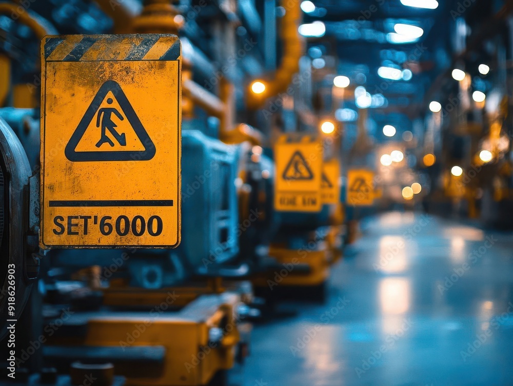 Safety signs and labels posted on walls and machinery Safety signs and labels posted on walls and machinery