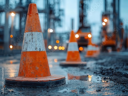 Safety cones and barriers positioned around a hazardous area in a construction or industrial site photo