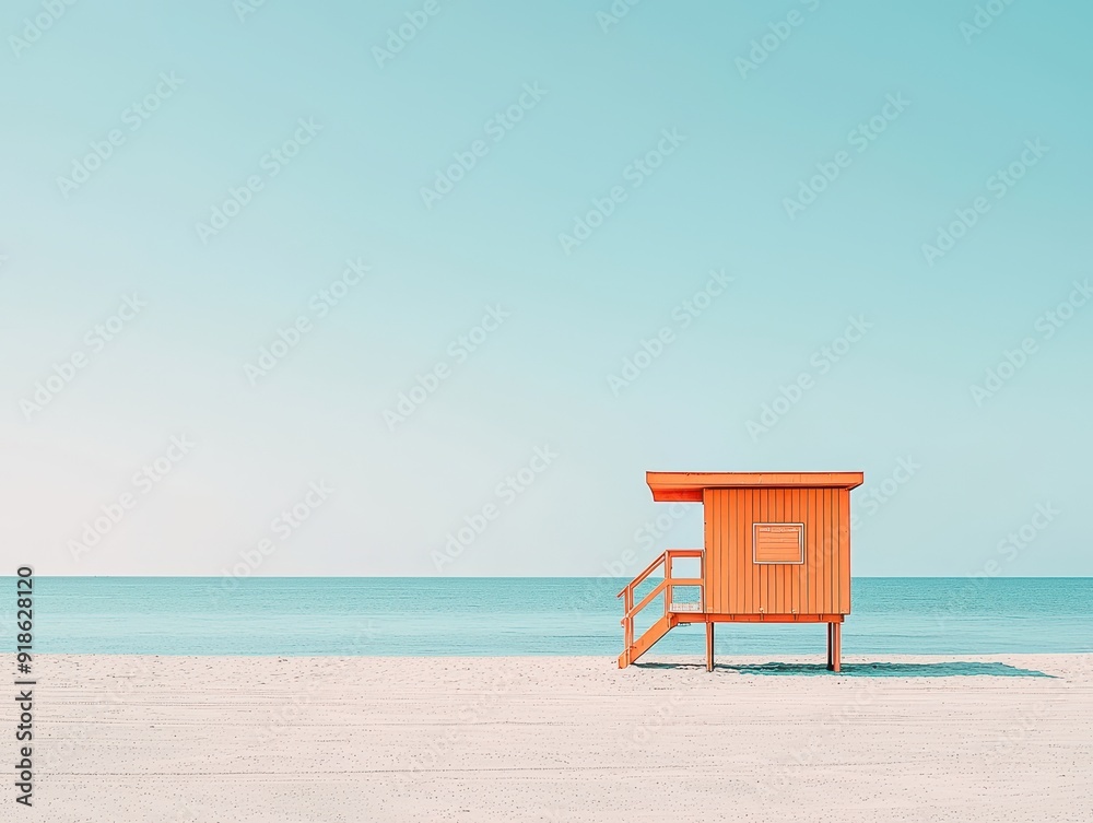 Serene Beach Scene with Vibrant Orange Lifeguard Tower under Blue Sky – Minimalistic Coastal Landscape with Warm Atmosphere Serene Beach Scene with Vibrant Orange Lifeguard Tower under Blue Sky – Minimalistic Coastal Landscape with Warm Atmosphere