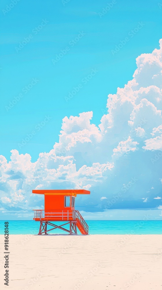Serene Beach Scene with Vibrant Orange Lifeguard Tower under Blue Sky, Calm Sea, and Warm Natural Light Serene Beach Scene with Vibrant Orange Lifeguard Tower under Blue Sky, Calm Sea, and Warm Natural Light