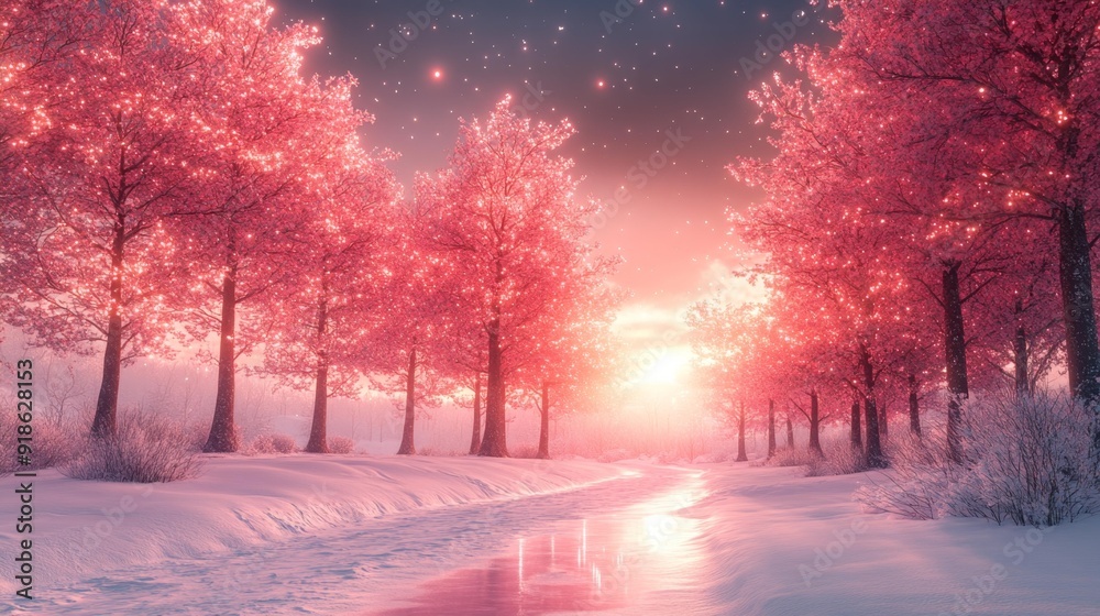 Magical winter wonderland with glowing trees - generative ai Magical winter wonderland with glowing trees - generative ai