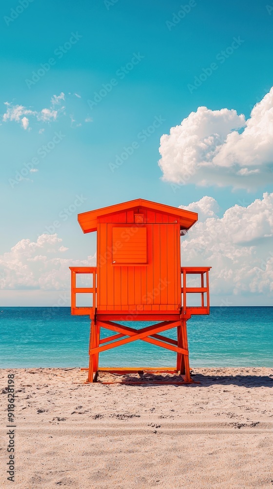 Sunny Day at the Beach: Vibrant Orange Lifeguard Tower Against Blue Sky and Sea, Serene and Inviting Atmosphere Sunny Day at the Beach: Vibrant Orange Lifeguard Tower Against Blue Sky and Sea, Serene and Inviting Atmosphere