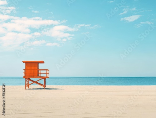 Serene Beach Vibes - Minimalistic Orange Lifeguard Tower against Blue Sky and Sea, Creating Warm Atmosphere