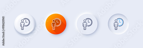 Person waiting line icon. Neumorphic, Orange gradient, 3d pin buttons. Service time sign. Clock symbol. Line icons. Neumorphic buttons with outline signs. Vector