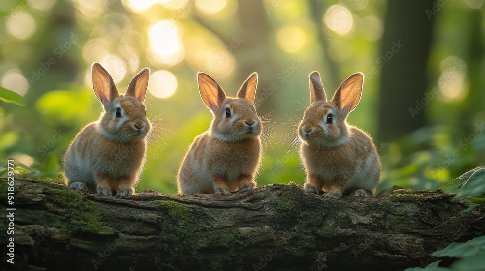 Three adorable bunnies on a log in the forest - generative ai Three adorable bunnies on a log in the forest - generative ai