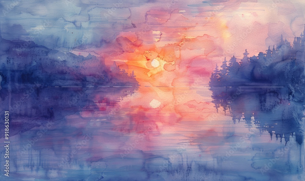 Naklejka premium A painting of a lake with a sun setting in the background