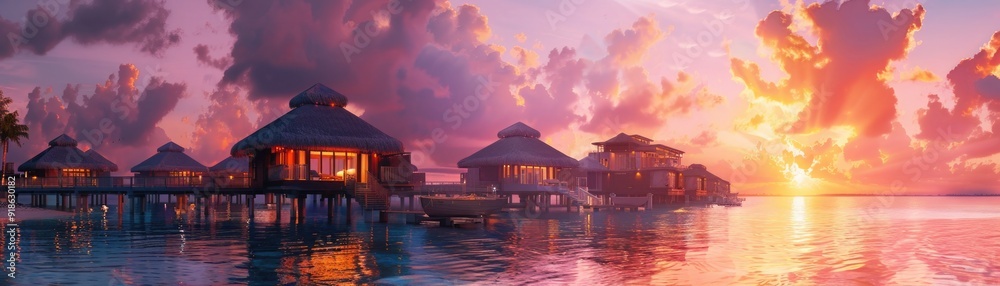 Fototapeta premium banner. Overwater bungalows at sunset over the ocean, palm trees in the background. exotic vacation and relaxation